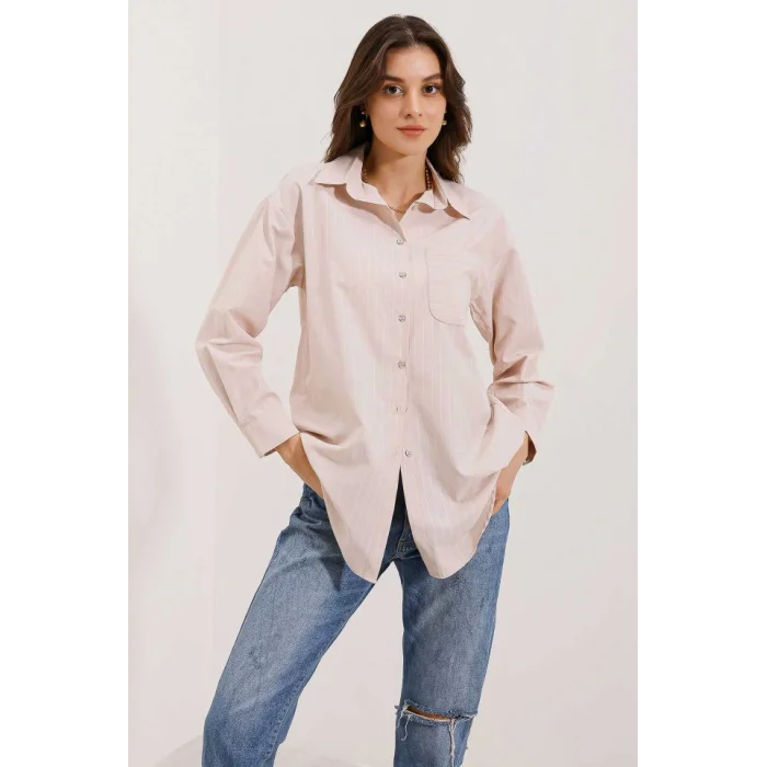 20217 Cep Detaylı Çizgili Oversize Gömlek - Bej