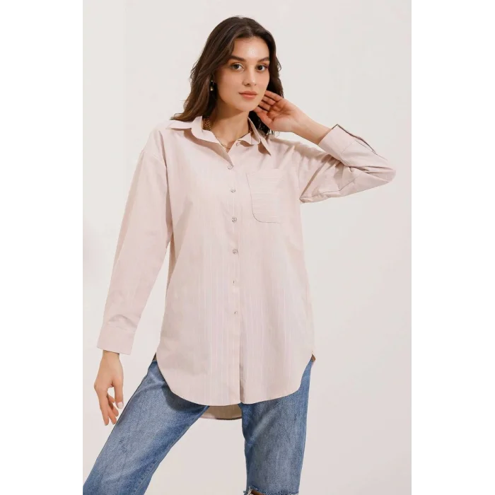 20217 Cep Detaylı Çizgili Oversize Gömlek - Bej