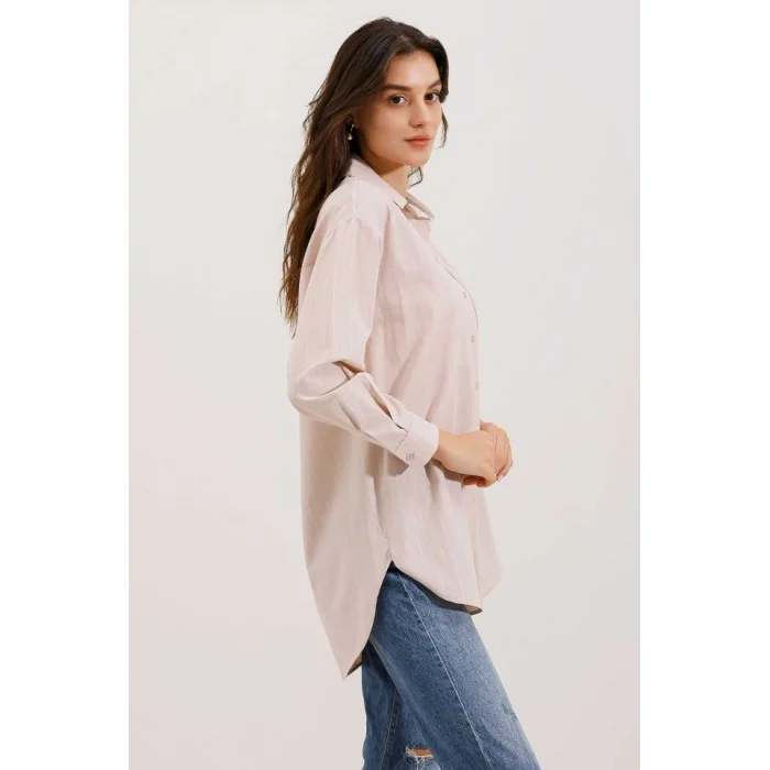 20217 Cep Detaylı Çizgili Oversize Gömlek - Bej