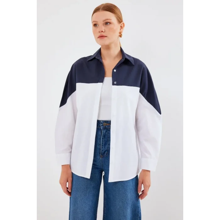 20221 Blok Renkli Oversize Gömlek - Lacivert