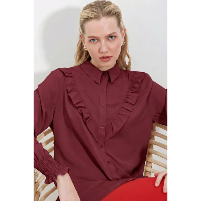 20223 Fırfırlı Uzun Kol Gömlek - Bordo