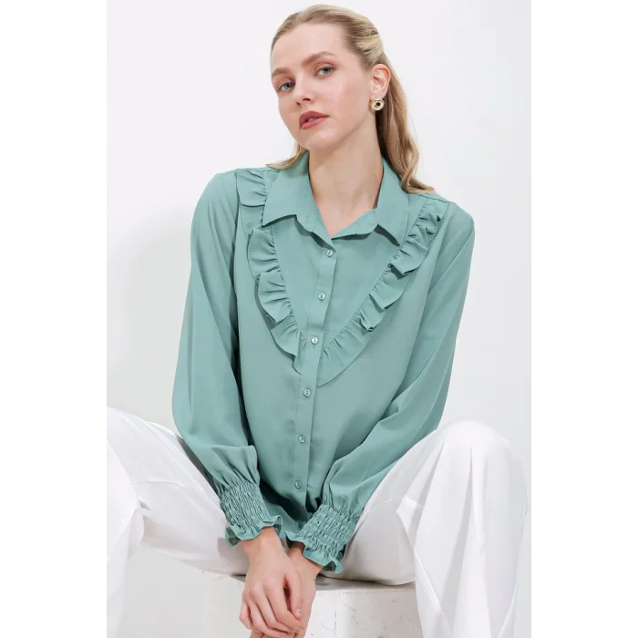 20223 Fırfırlı Uzun Kol Gömlek - Çağla