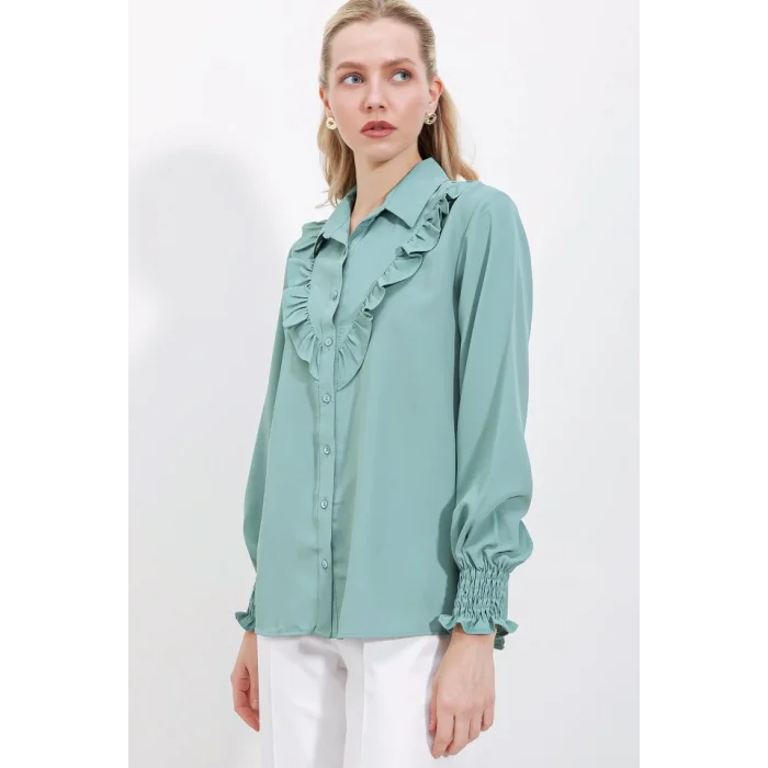 20223 Fırfırlı Uzun Kol Gömlek - Çağla