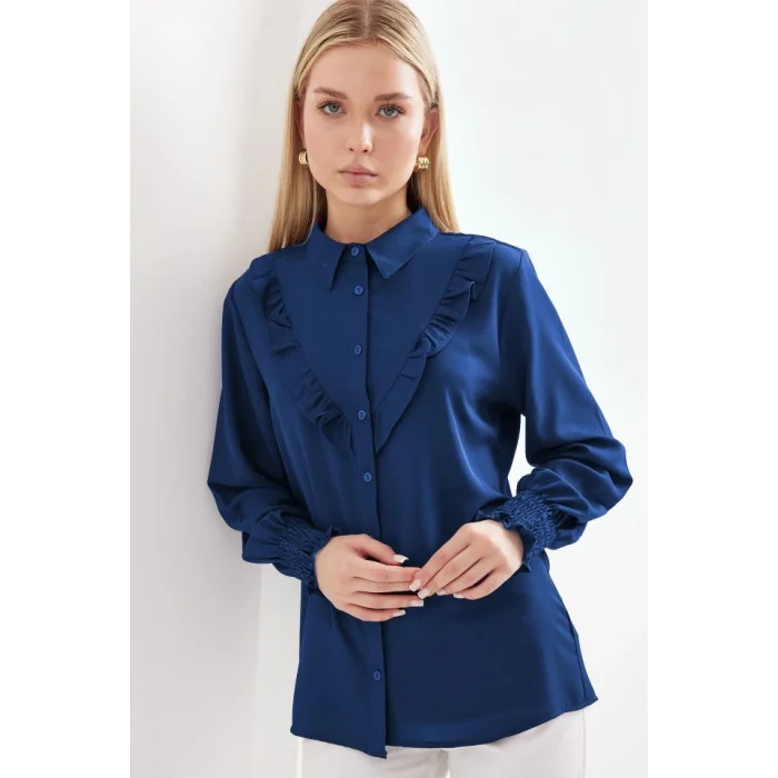 20223 Fırfırlı Uzun Kol Gömlek - D. İndigo