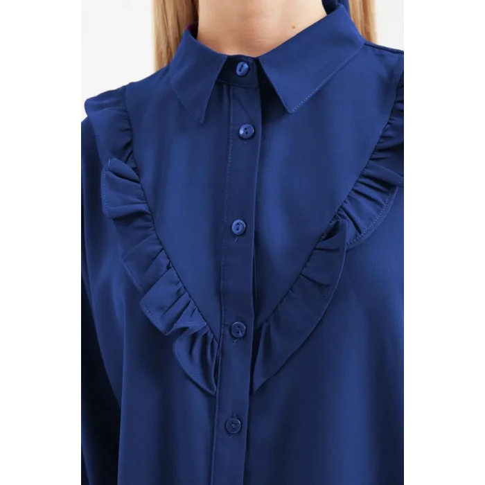 20223 Fırfırlı Uzun Kol Gömlek - D. İndigo