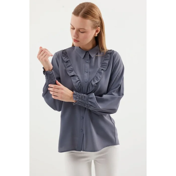 20223 Fırfırlı Uzun Kol Gömlek - Gri