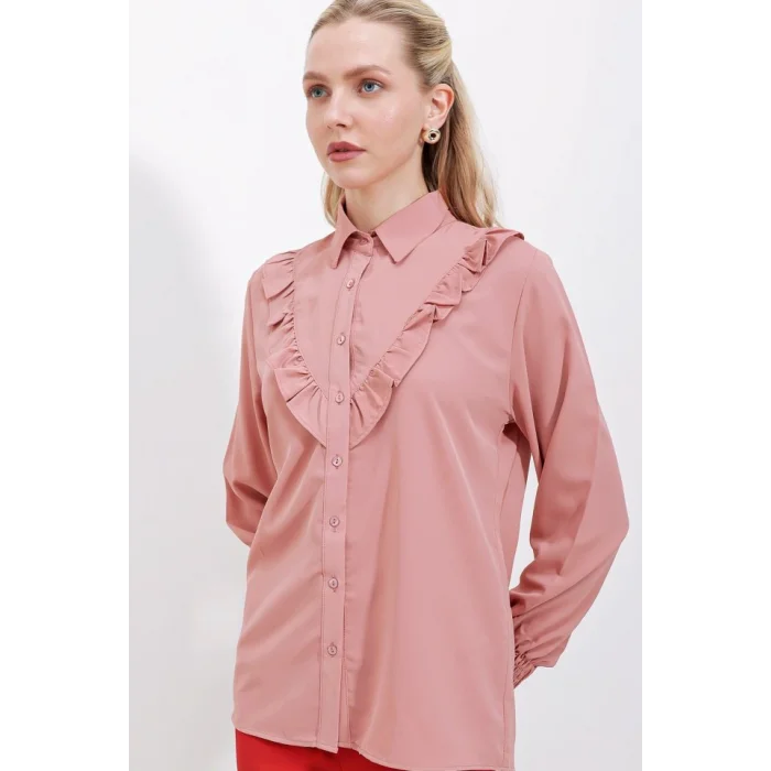 20223 Fırfırlı Uzun Kol Gömlek - Gül Kurusu