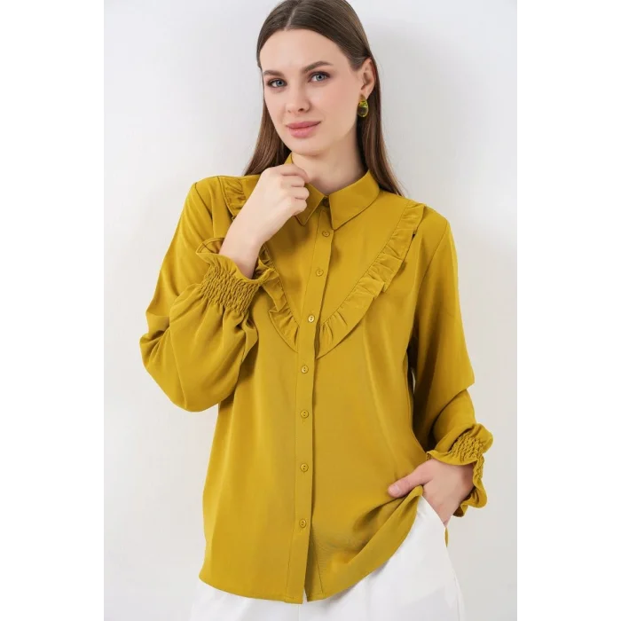 20223 Fırfırlı Uzun Kol Gömlek - Hardal