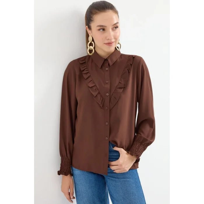 20223 Fırfırlı Uzun Kol Gömlek - Kahverengi
