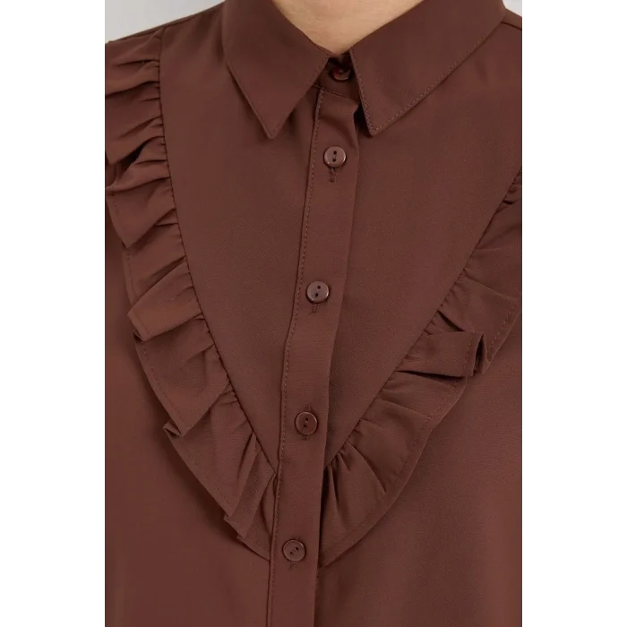 20223 Fırfırlı Uzun Kol Gömlek - Kahverengi