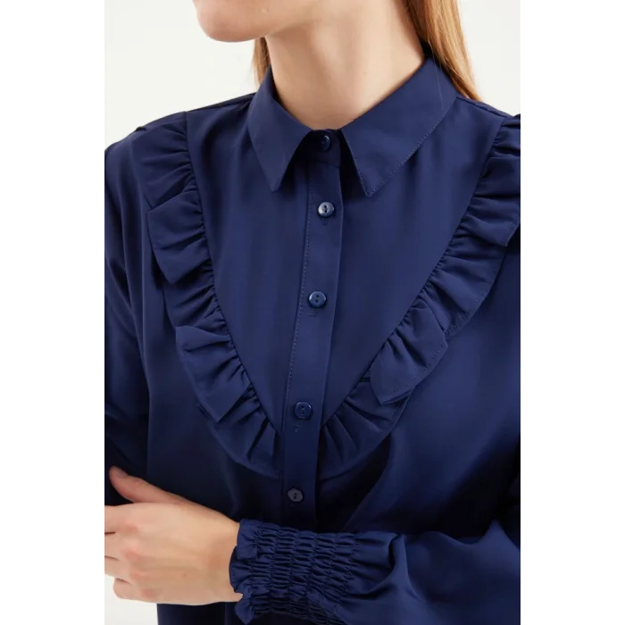 20223 Fırfırlı Uzun Kol Gömlek - Lacivert