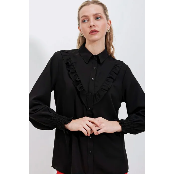 20223 Fırfırlı Uzun Kol Gömlek - Siyah