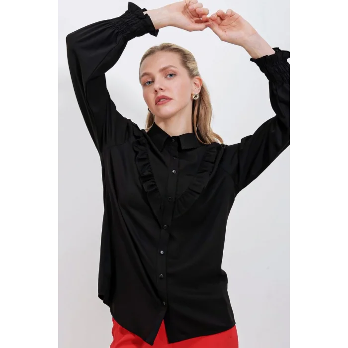 20223 Fırfırlı Uzun Kol Gömlek - Siyah