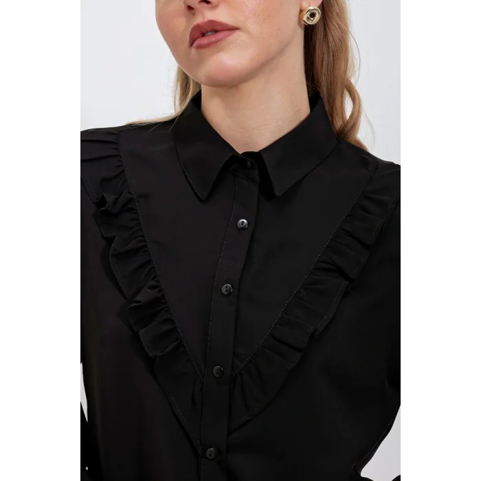 20223 Fırfırlı Uzun Kol Gömlek - Siyah