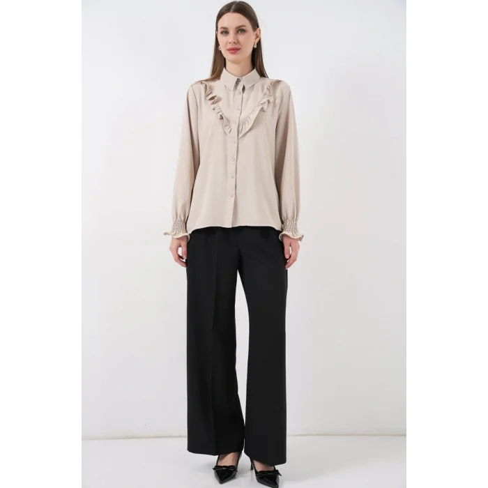 20223 Fırfırlı Uzun Kol Gömlek - Taş