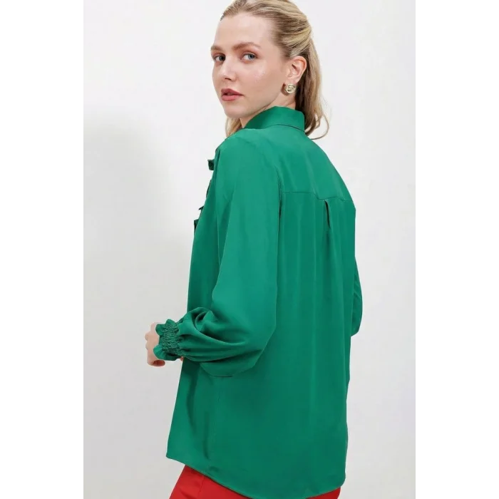20223 Fırfırlı Uzun Kol Gömlek - Zümrüt Yeşili