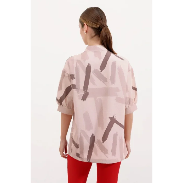 20226 Desenli Oversize Gömlek - Bej
