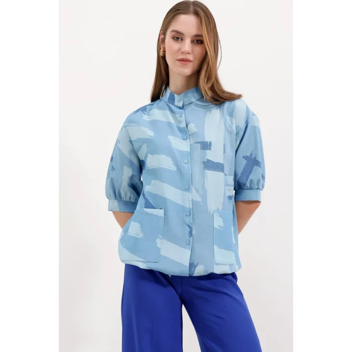 20226 Desenli Oversize Gömlek - Mavi