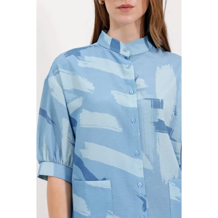 20226 Desenli Oversize Gömlek - Mavi