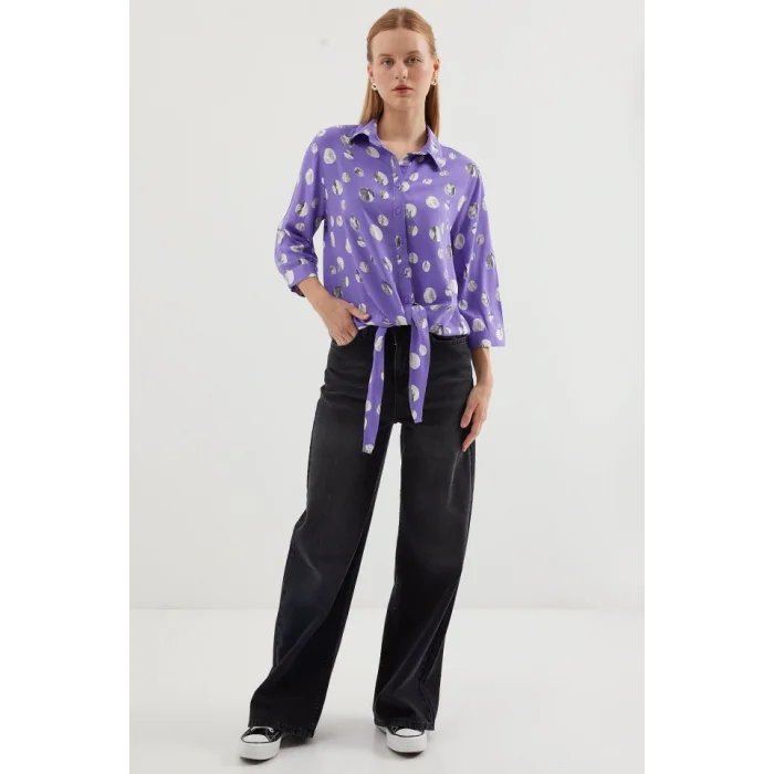 20243 Önü Bağlamalı Desenli Gömlek - Lila