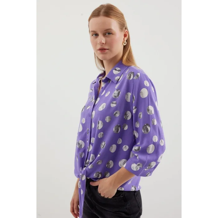 20243 Önü Bağlamalı Desenli Gömlek - Lila