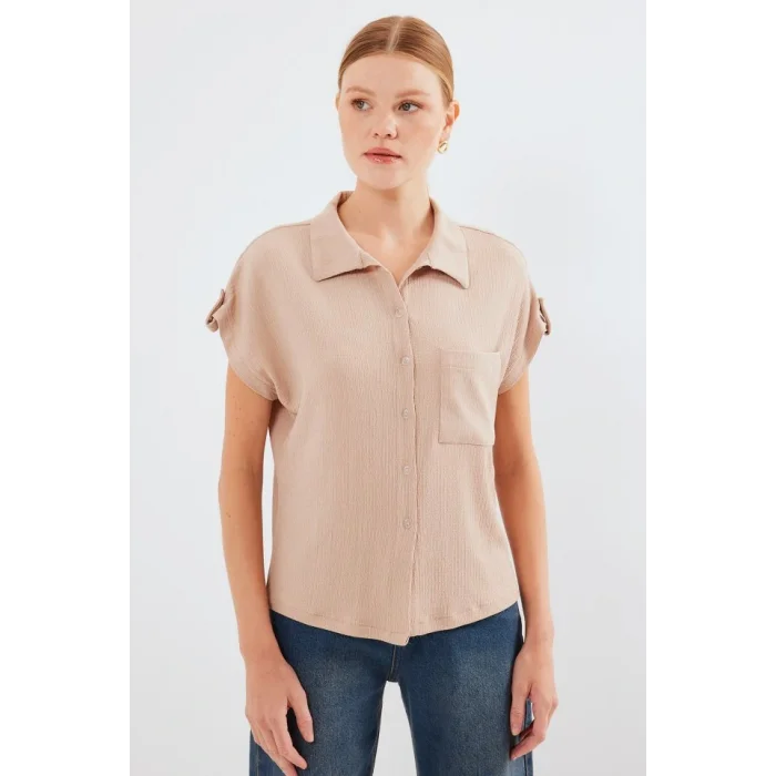 20256 Manşetli Double Kısa Kollu Gömlek - Bisküvi