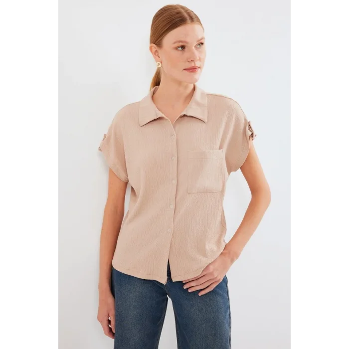 20256 Manşetli Double Kısa Kollu Gömlek - Bisküvi