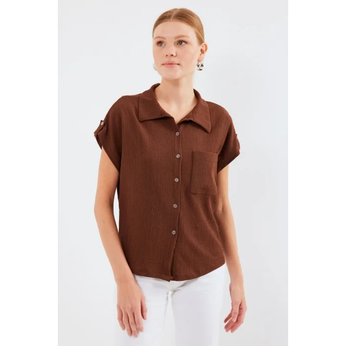 20256 Manşetli Double Kısa Kollu Gömlek - Kahverengi