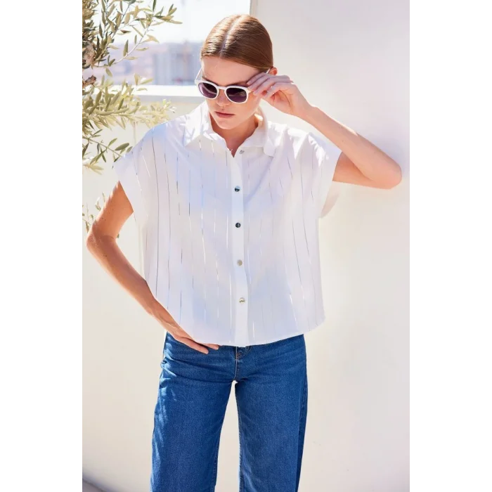 20262 Kısa Kol Çizgili Gömlek - Beyaz