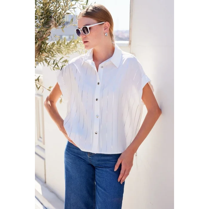 20262 Kısa Kol Çizgili Gömlek - Beyaz