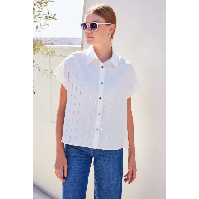 20262 Kısa Kol Çizgili Gömlek - Beyaz