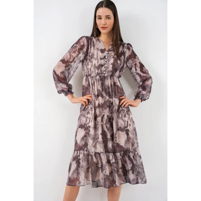 2137 Desenli Şifon Elbise - A.Bej