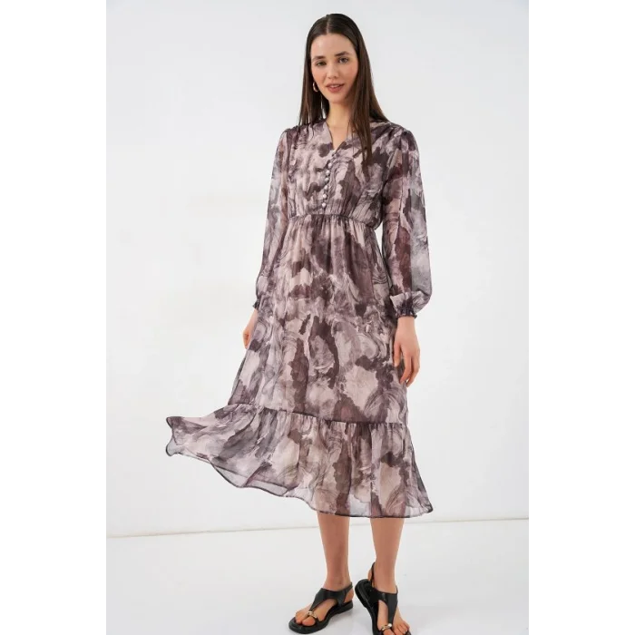 2137 Desenli Şifon Elbise - A.Bej