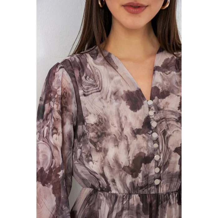 2137 Desenli Şifon Elbise - A.Bej