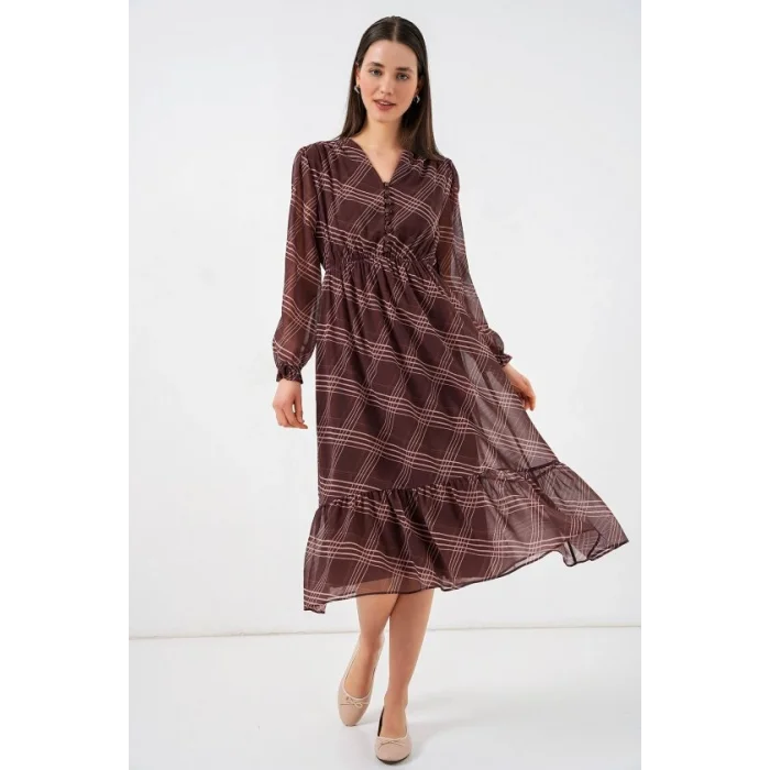 2137 Desenli Şifon Elbise - A.Kahve