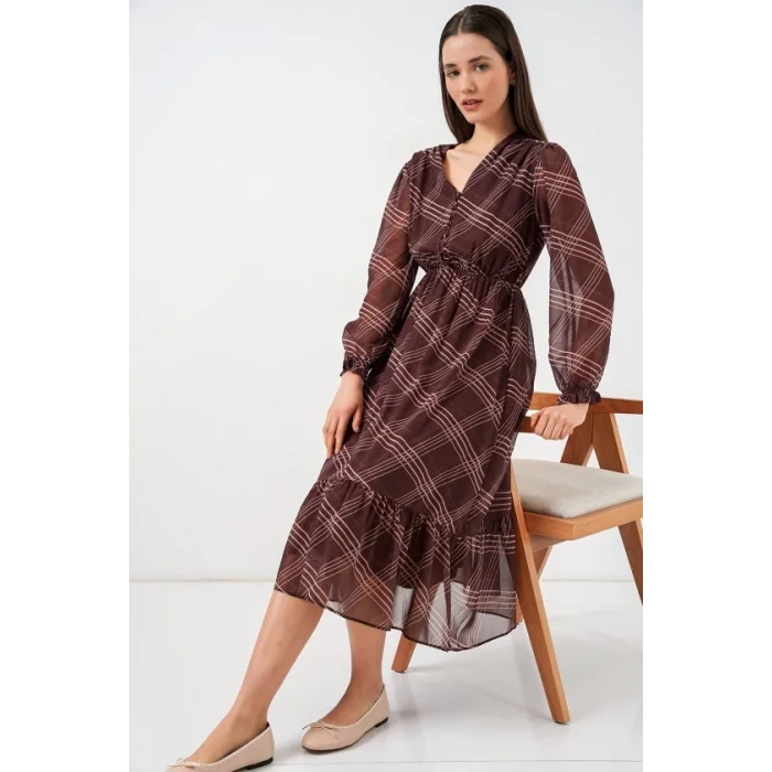 2137 Desenli Şifon Elbise - A.Kahve