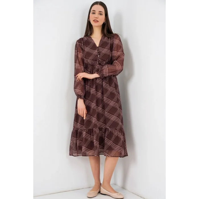 2137 Desenli Şifon Elbise - A.Kahve