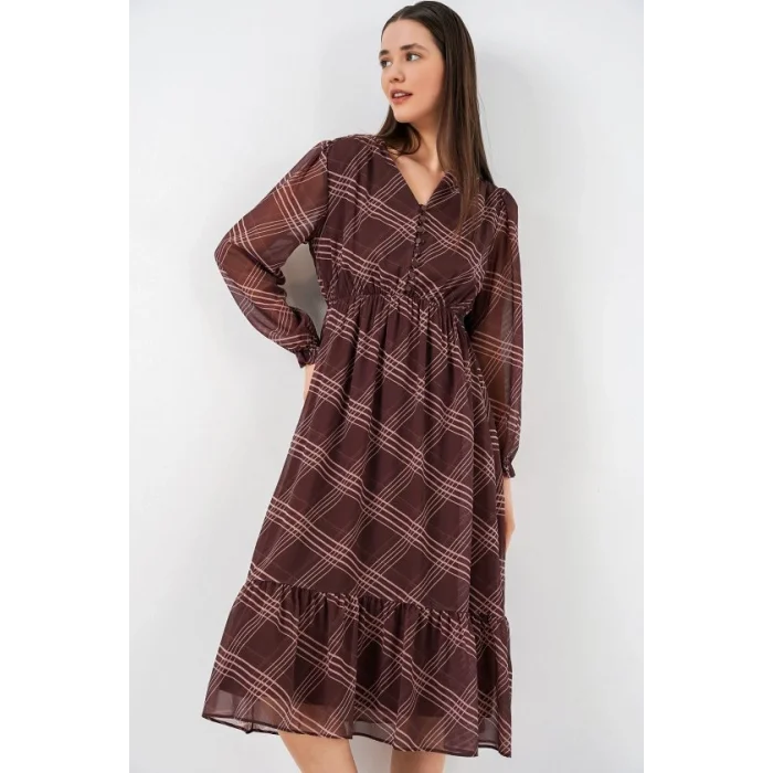 2137 Desenli Şifon Elbise - A.Kahve