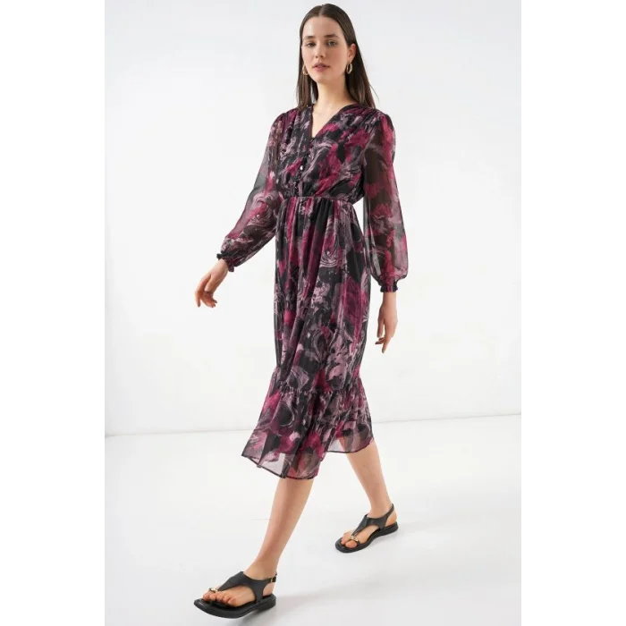 2137 Desenli Şifon Elbise - A.Kırmızı