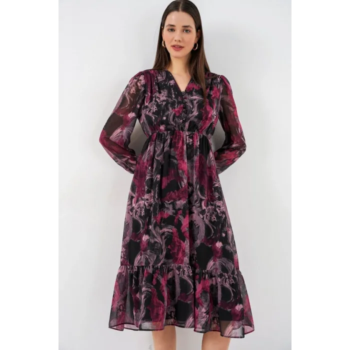 2137 Desenli Şifon Elbise - A.Kırmızı