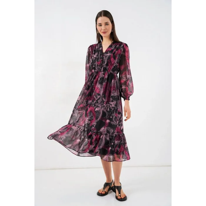 2137 Desenli Şifon Elbise - A.Kırmızı