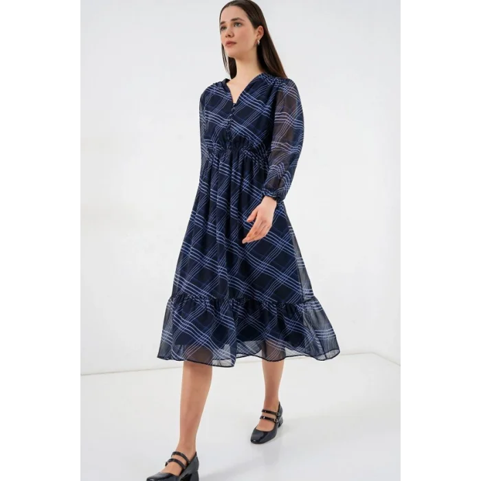 2137 Desenli Şifon Elbise - A.Mavi