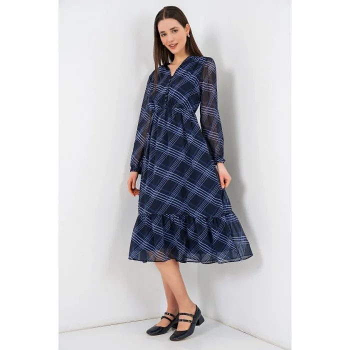 2137 Desenli Şifon Elbise - A.Mavi