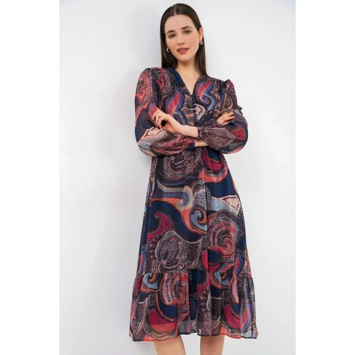 2137 Desenli Şifon Elbise - Çok Renkli