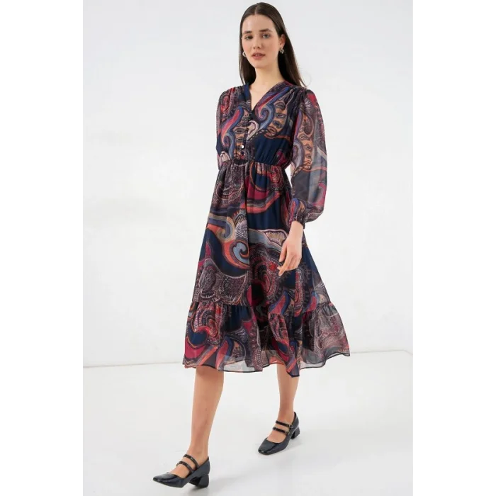 2137 Desenli Şifon Elbise - Çok Renkli