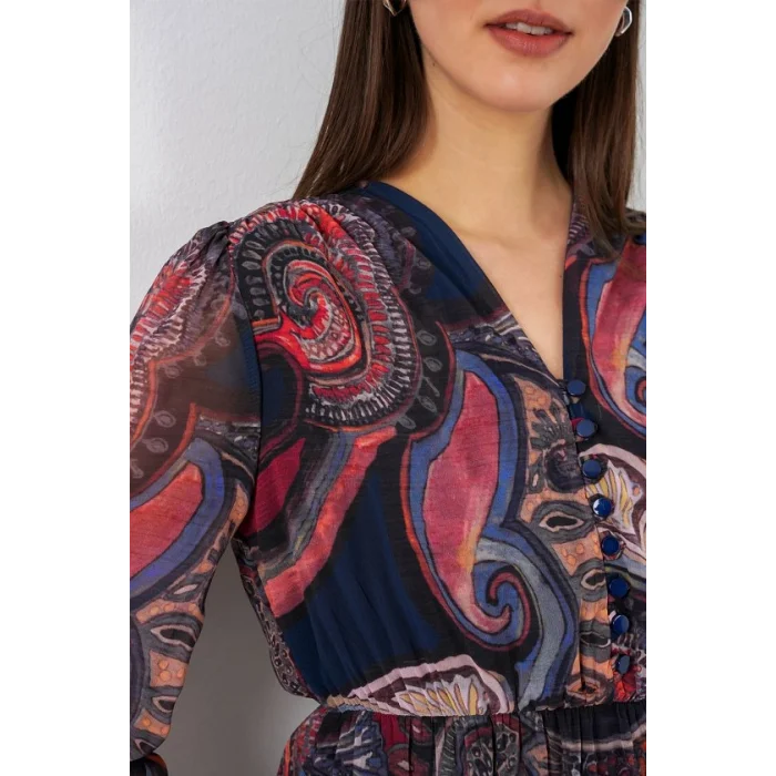 2137 Desenli Şifon Elbise - Çok Renkli