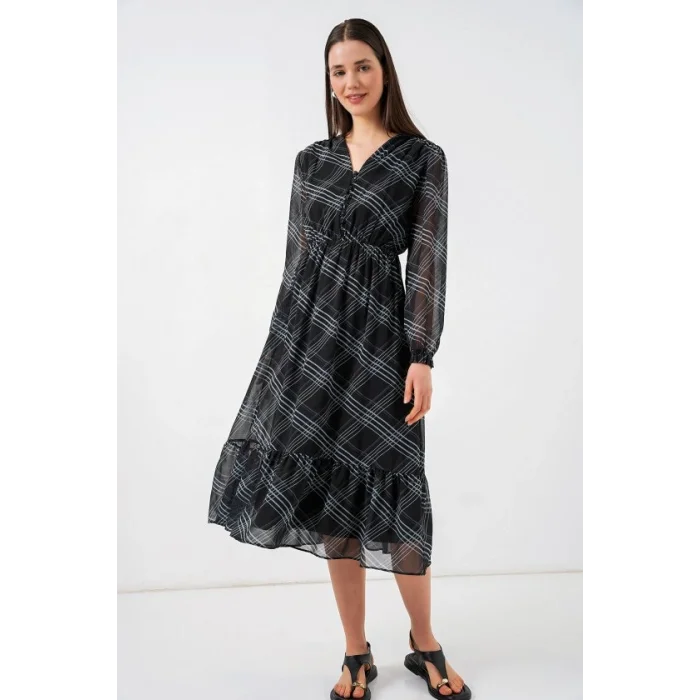 2137 Desenli Şifon Elbise - F.Gri