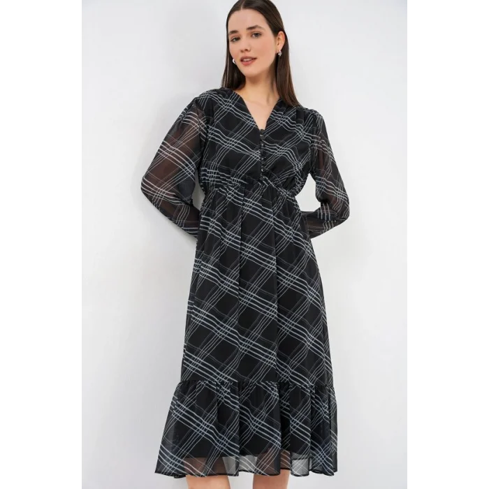 2137 Desenli Şifon Elbise - F.Gri