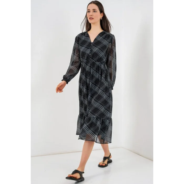 2137 Desenli Şifon Elbise - F.Gri