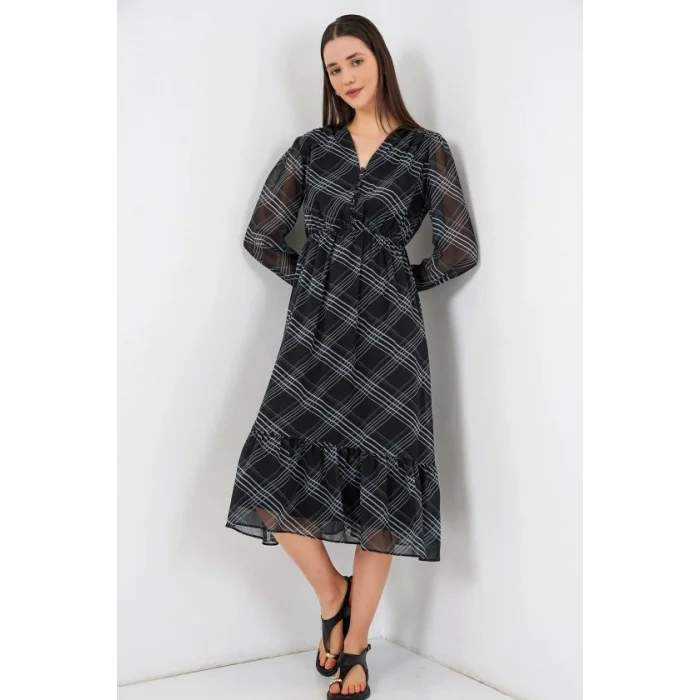 2137 Desenli Şifon Elbise - F.Gri